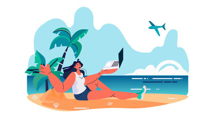young woman freelancer using laptop on tropical beach summer vacation holiday time to travel concept