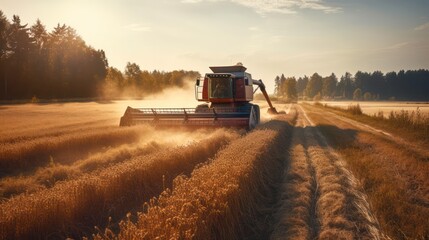 Obraz premium harvester in the field. Picking grain at sunset.Generative AI