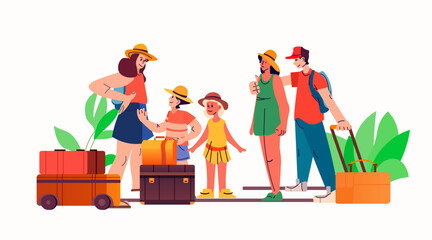 tourists group with children and baggage standing together summer vacation holiday time to travel concept