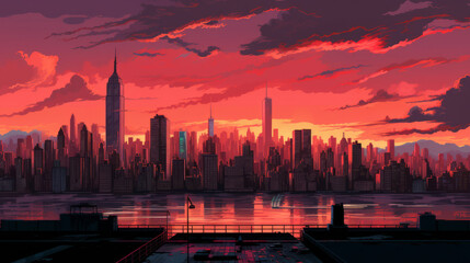 Surreal cityscape illustration of New-York city with neon colors