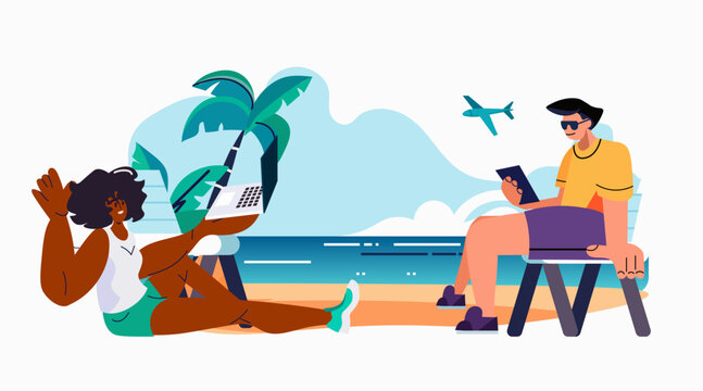 freelancers couple using laptop on tropical beach summer vacation holiday time to travel concept