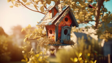 Bird house hanging from a tree branch. Generative Ai
