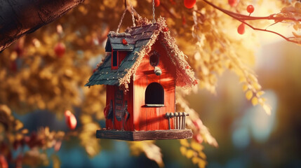 Bird house hanging from a tree branch. Generative Ai