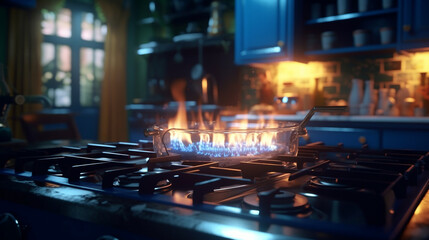  Flames of gas burning from a kitchen gas. Generative Ai