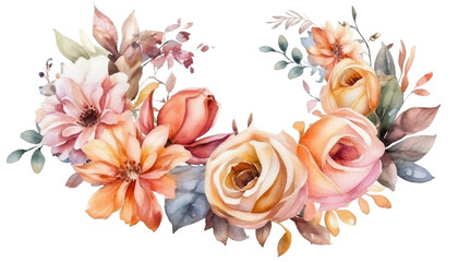 Watercolor bouquets circle frame, for fashion, backgrounds, textures, DIY, cards, wedding stationary, greetings, wallpapers, wrappers, invitations, Generative ai
