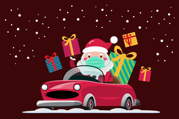 Santa Claus drives a automobile to send Christmas gift to children around the world by wearing mask.