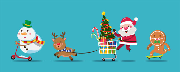 Obraz na płótnie Canvas Santa Claus push shopping cart shopping gift in store for sending to people around the world.