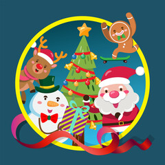 Obraz na płótnie Canvas Winter Christmas tree with santa claus and team decorating Christmas tree.