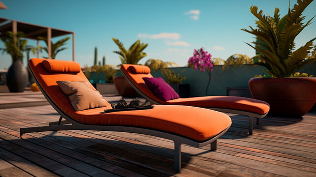 Cozy outdoor chaise lounges. Generative Ai