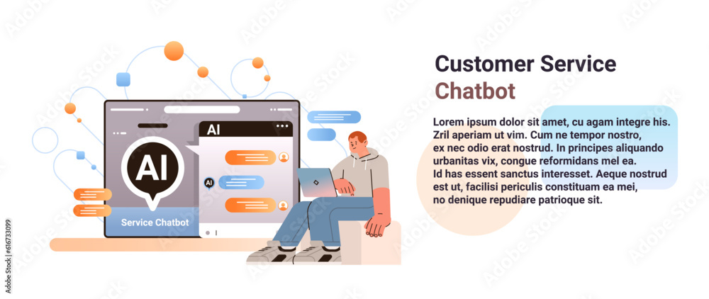 Poster man having dialog with chat bot asking questions and receiving answers ai chatbot assistance custome