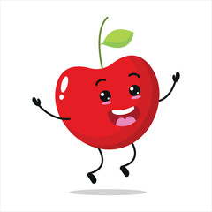Cute happy cherry character. Funny jump cherry cartoon with open mouth emoticon in flat style. Fruit emoji vector illustration