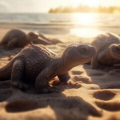 Newborn dinosaur babies on the beach - ai generative