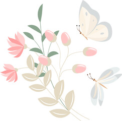 Butterflies fly around delicate pink flowers and buds.