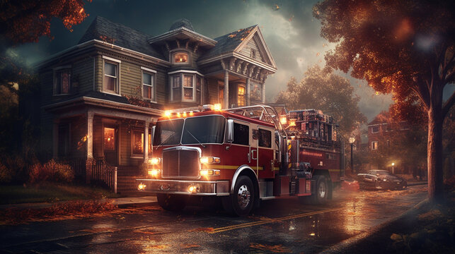 Fire truck on the street. Generative Ai