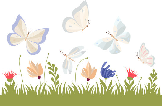 Butterflies fly in the meadow over the grass and flowers.