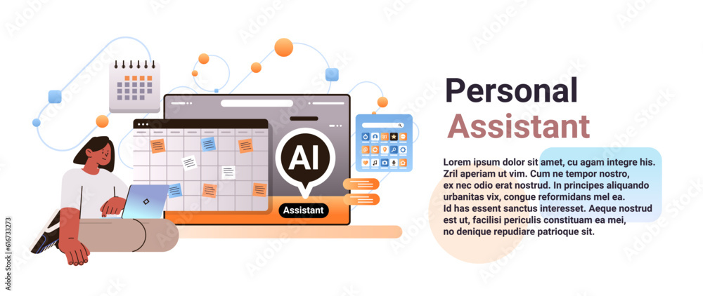 Poster businesswoman using computer app with personal ai assistant online service artificial intelligence s