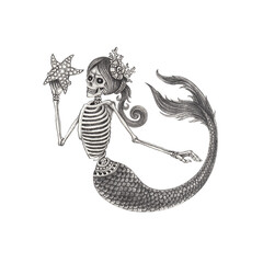 Fototapeta premium Mermaid skull hand drawing on paper.