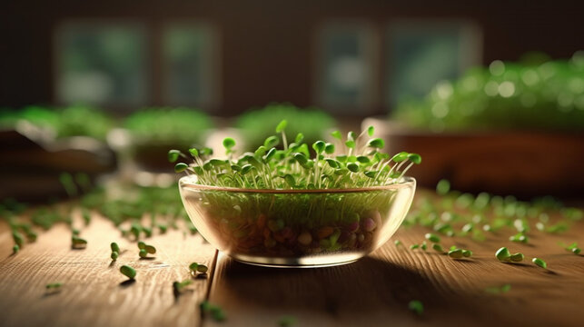 Fresh pea microgreen sprouts on a wooden table. Generative Ai