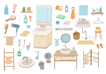 Fototapeta premium 洗面所・水回りにまつわる手描きイラストセット（カラー/輪郭線なし）