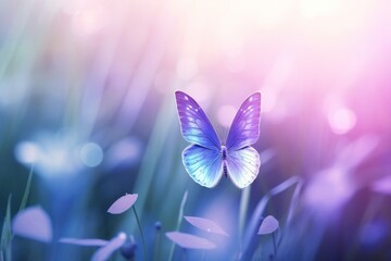 Obraz na płótnie Canvas Blue butterfly on grass with blurred purple background Artistic wallpaper design, Generative AI