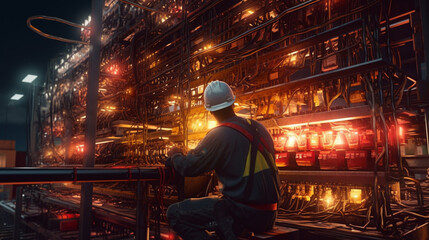 Industry with electrical engineer working at heights. Generative Ai