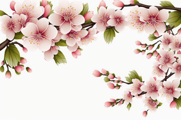 Cherry blossom border on white background with copy space, generative AI