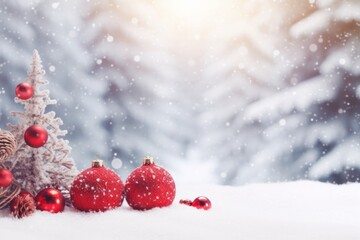 Naklejka na ściany i meble Festive snowy Christmas background with decorated tree in forest, Generative AI