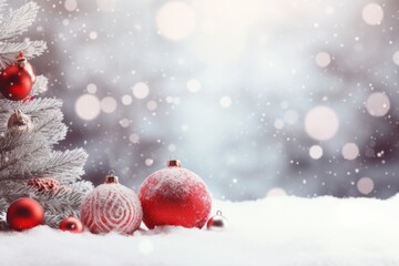 Fototapeta na wymiar Festive snowy Christmas background with decorated tree in forest, Generative AI