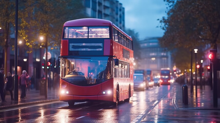 Obraz premium Red bus driving through the city. Generative Ai