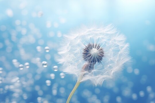 Golden dew drops on dandelion seed with blue background, Generative AI