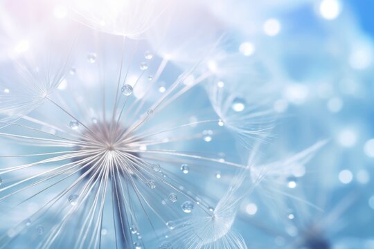 Dew drops on dandelion seed with blue violet background Tender art, Generative AI