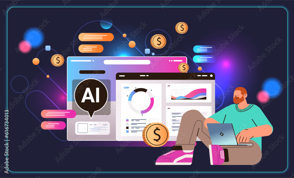 Poster professional financial advisor giving advise in computer app with ai helper bot investment money man