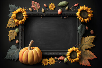 Fall background, empty chalkboard surrounded by pumpkins and sunflowers and fall leaves, generative AI
