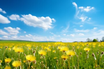 Fototapeta premium Fresh meadow with yellow dandelions and blue sky, Generative AI