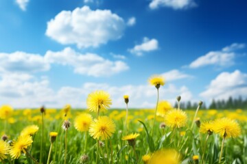Fototapeta na wymiar Fresh meadow with yellow dandelions and blue sky Perfect summer landscape, Generative AI