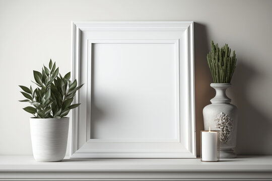 Empty frame on a white mantle with plants , blank mock up for art showcase, generative AI