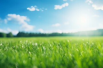 Fototapeta na wymiar Green field with blue sky and sun, blurred spring/summer background, Generative AI