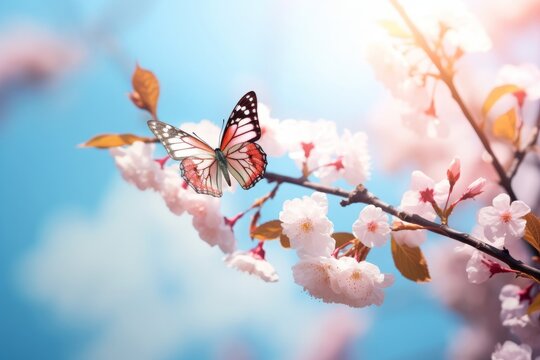 Pink butterfly and cherry blossom on blue sky background Elegant spring image, Generative AI