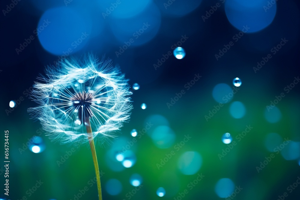 Wall mural dew drop on dandelion seed macro close up sparkling bokeh blue green background, generative ai