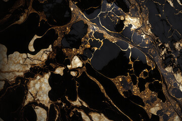 Black marble background with thin golden veins, generative AI
