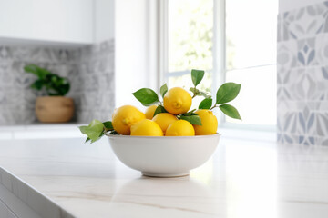 Bowl of lemons in a bright and white kitchen on a countertop, cleanliness and freshness concept, generative AI - obrazy, fototapety, plakaty