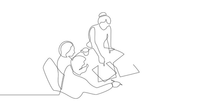Animation of an image drawn with a continuous line. Business brief, presentation or training. People at the table are discussing together.