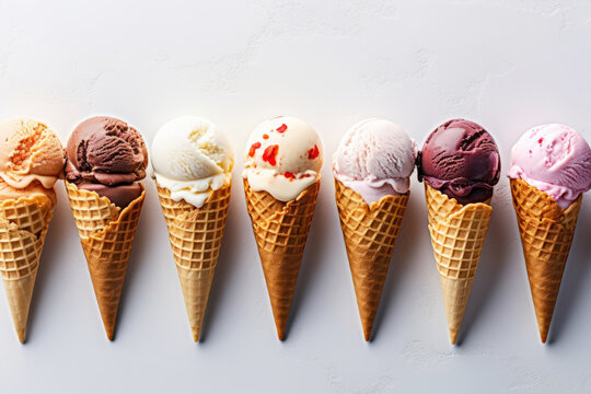 Variety of ice cream flavors in waffle cones overhead on white , generative AI