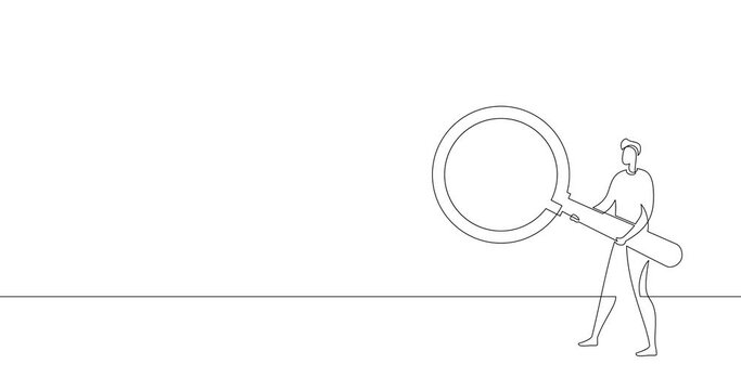 Animation of an image drawn with a continuous line. Man with magnifying glass. Search symbol.