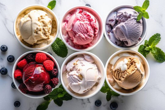 Variety of ice cream flavors in cups overhead on white , generative AI