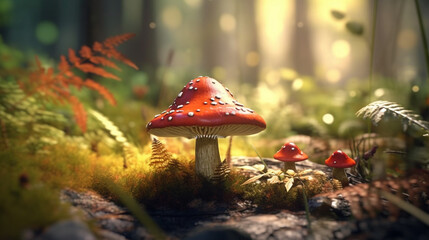 Fototapeta premium Poisonous wild mushroom in a forest. Generative Ai