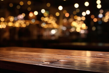 Wooden table with copy space with out of focus background with lights, generative AI