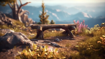 Rustic wooden bench located on top of a mountain. Generative Ai