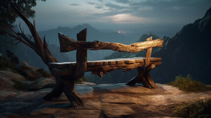 Rustic wooden bench located on top of a mountain. Generative Ai