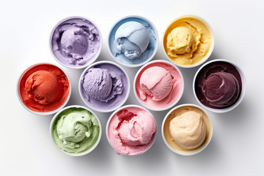 Variety Of Ice Cream Flavors In Cups Overhead On White , Generative AI